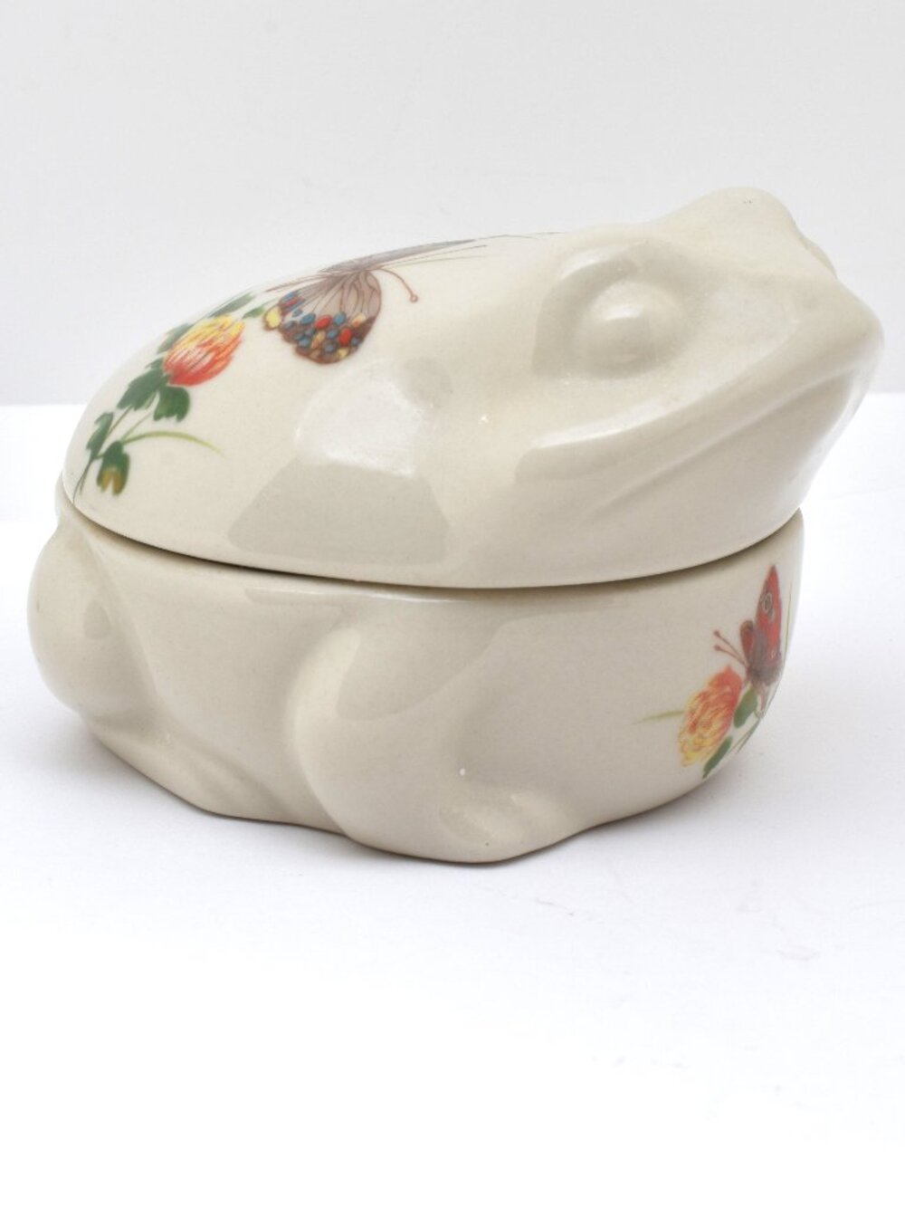 Vintage Takahashi Dew Figural Frog Trinket Box Ceramic Butterflies & Flowers